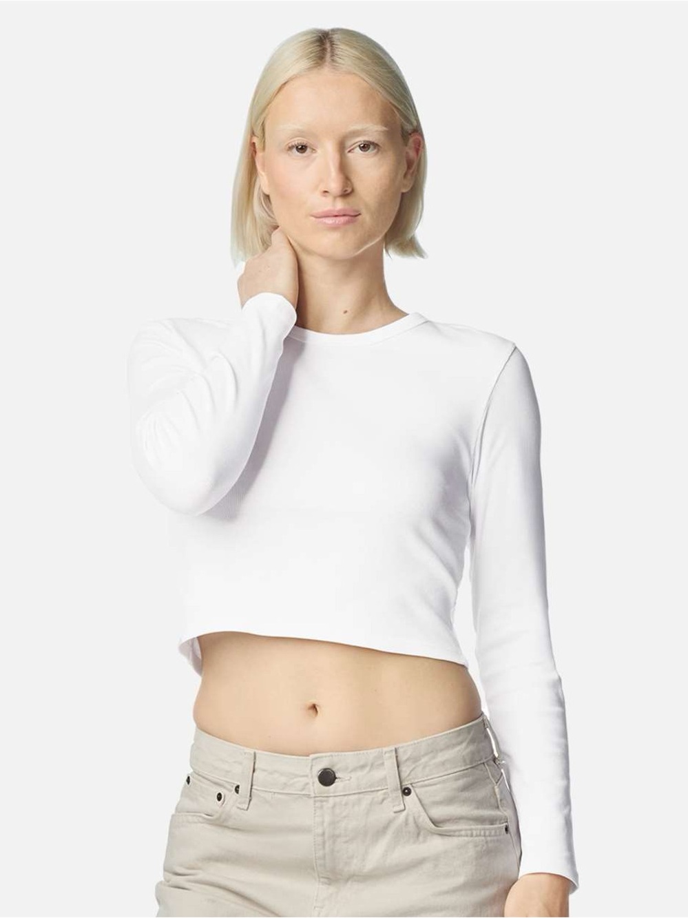 Cropped Long-Sleeve White Crewneck Top